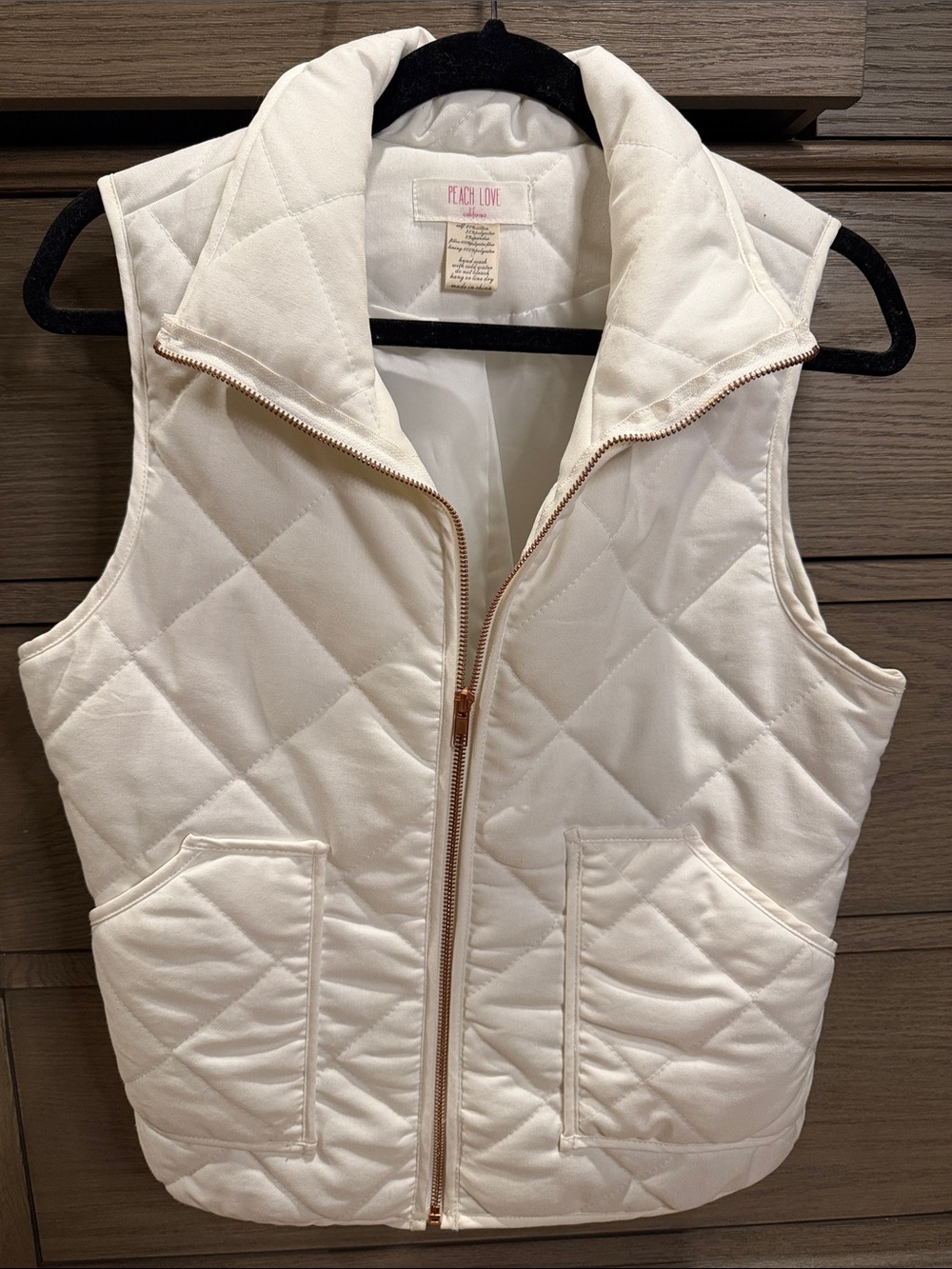 Peach Love California Cream Quilted Vest with Rose Gold Zipper